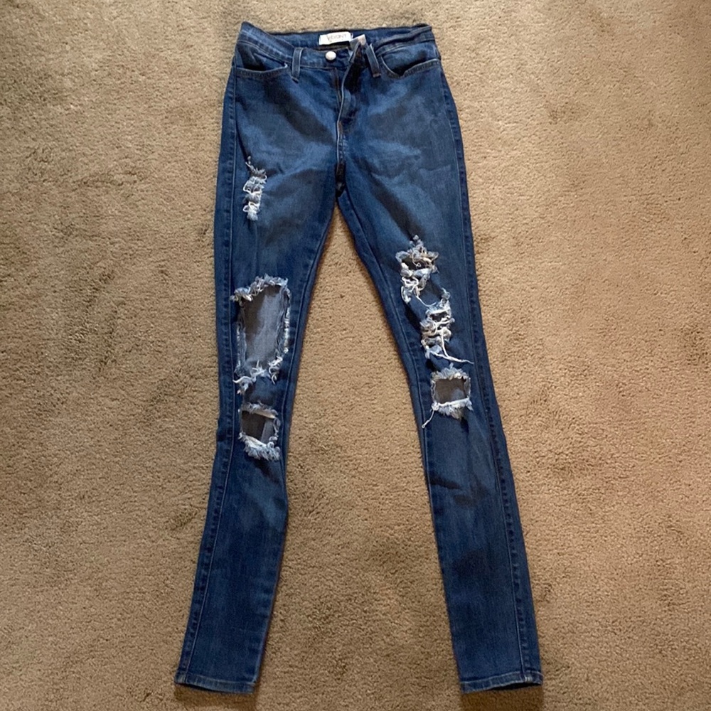 Dark wash high waisted ripped jeans